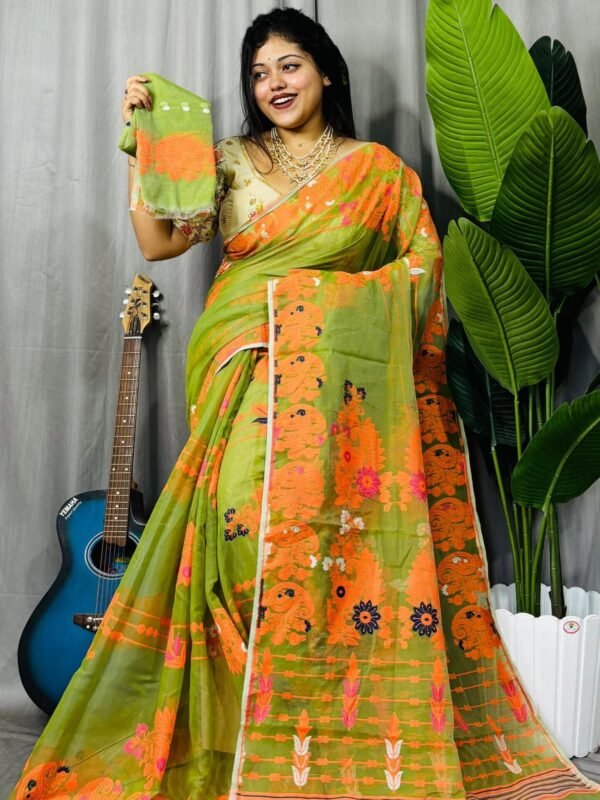 Avocado Soft Ful Bahar Jamdani Saree