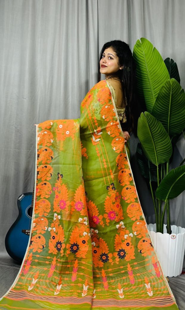 Avocado Soft Ful Bahar Jamdani Saree 4 Avocado Soft Ful Bahar Jamdani Saree - Image 4