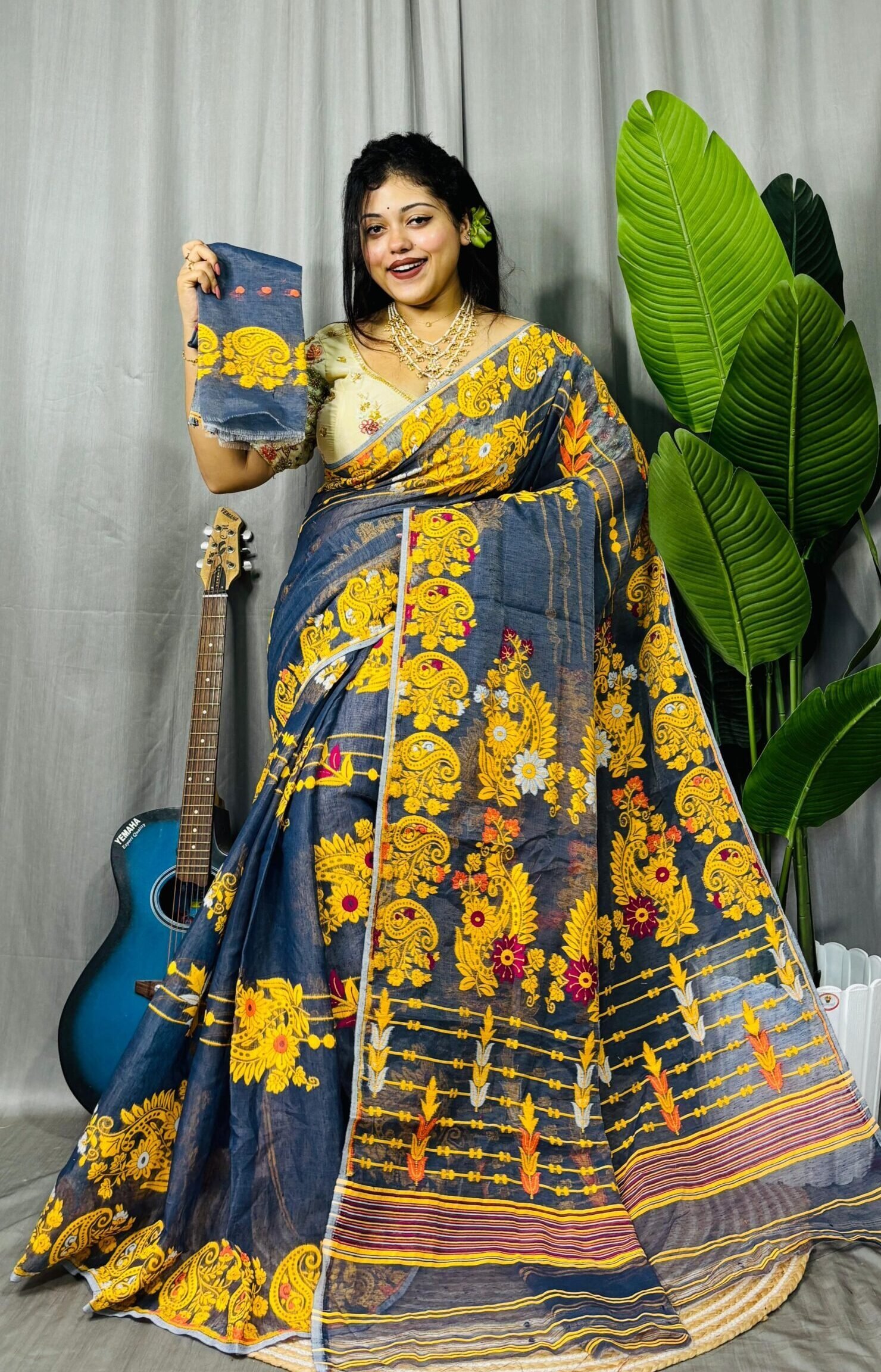 Dark Grey Soft Ful Bahar Jamdani Saree 1 Dark Grey Soft Ful Bahar Jamdani Saree