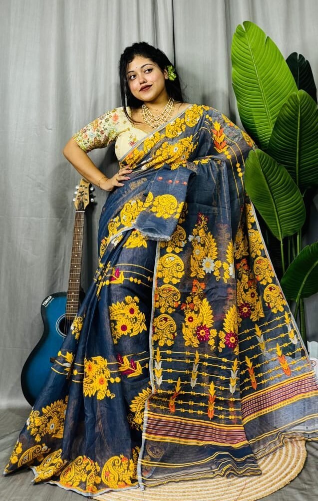 Dark Grey Soft Ful Bahar Jamdani Saree 4 Dark Grey Soft Ful Bahar Jamdani Saree - Image 4