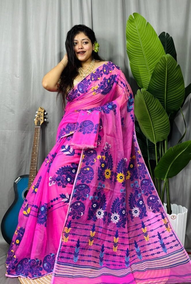 Deep Pink Soft Ful Bahar Jamdani Saree 1 Deep Pink Soft Ful Bahar Jamdani Saree