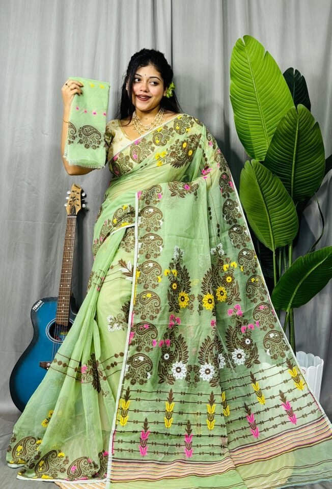 Frog Green Soft Ful Bahar Jamdani Saree 1 Frog Green Soft Ful Bahar Jamdani Saree