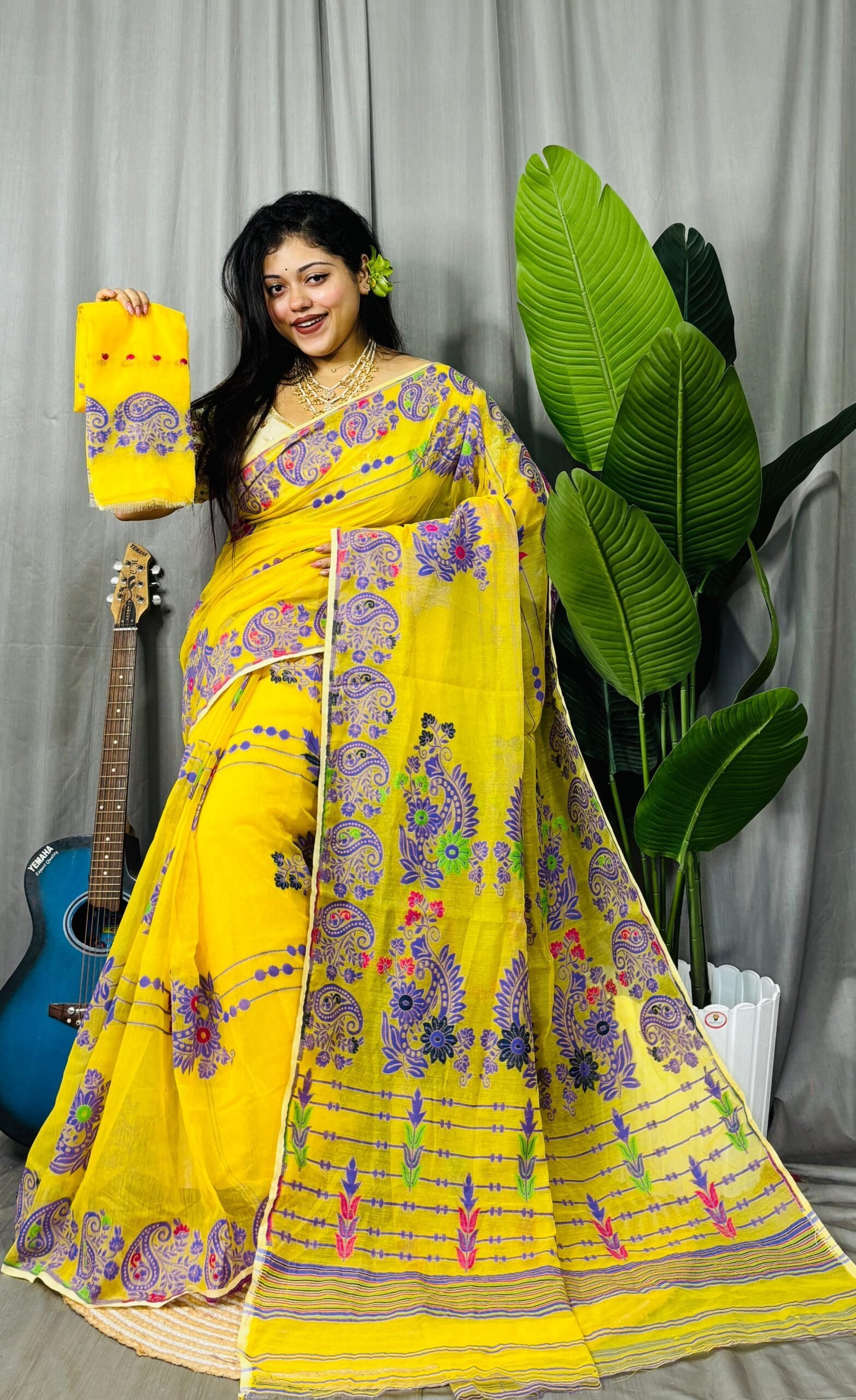 Lemon Yellow Soft Ful Bahar Jamdani Saree 2 Lemon Yellow Soft Ful Bahar Jamdani Saree - Image 2
