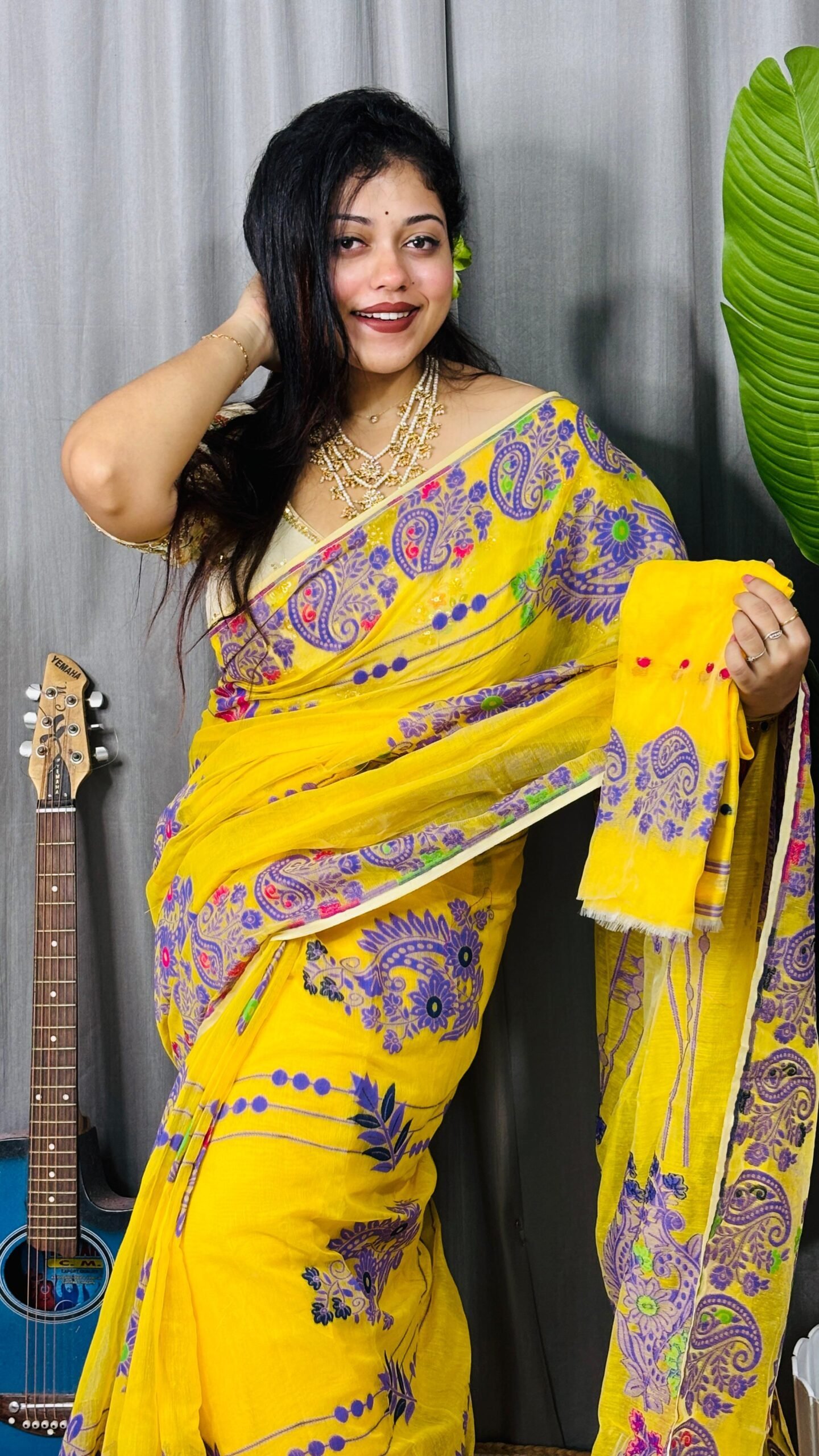 Lemon Yellow Soft Ful Bahar Jamdani Saree 3 Lemon Yellow Soft Ful Bahar Jamdani Saree - Image 3