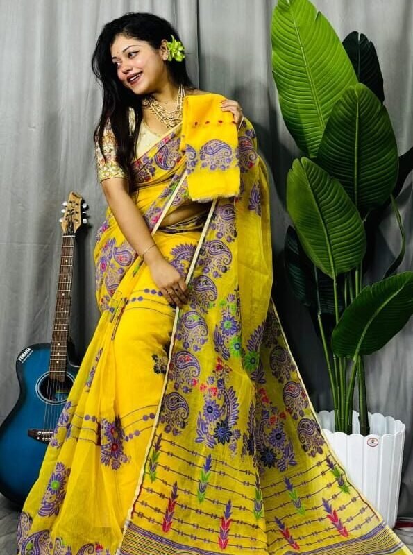 Lemon Yellow Soft Ful Bahar Jamdani Saree