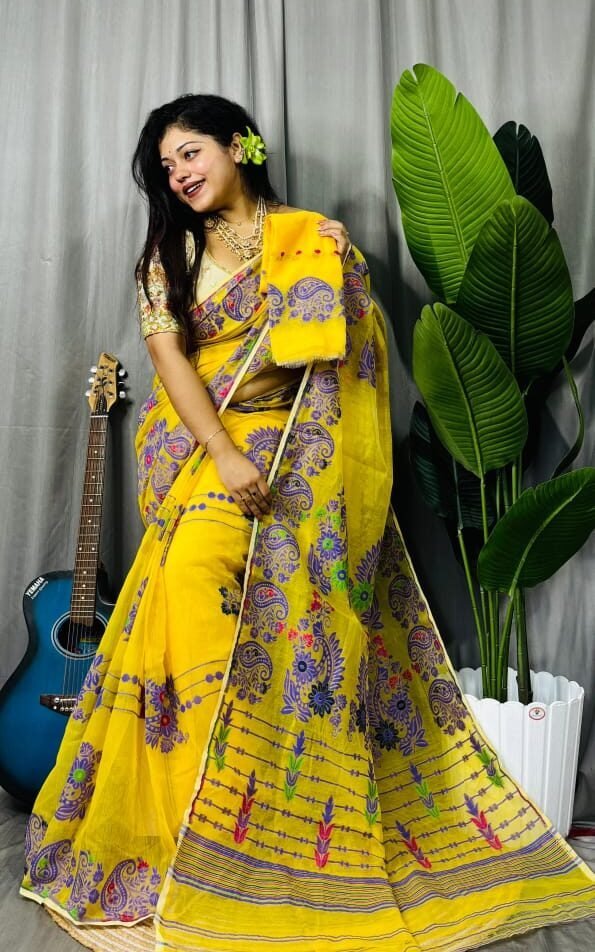 Lemon Yellow Soft Ful Bahar Jamdani Saree 1 Lemon Yellow Soft Ful Bahar Jamdani Saree