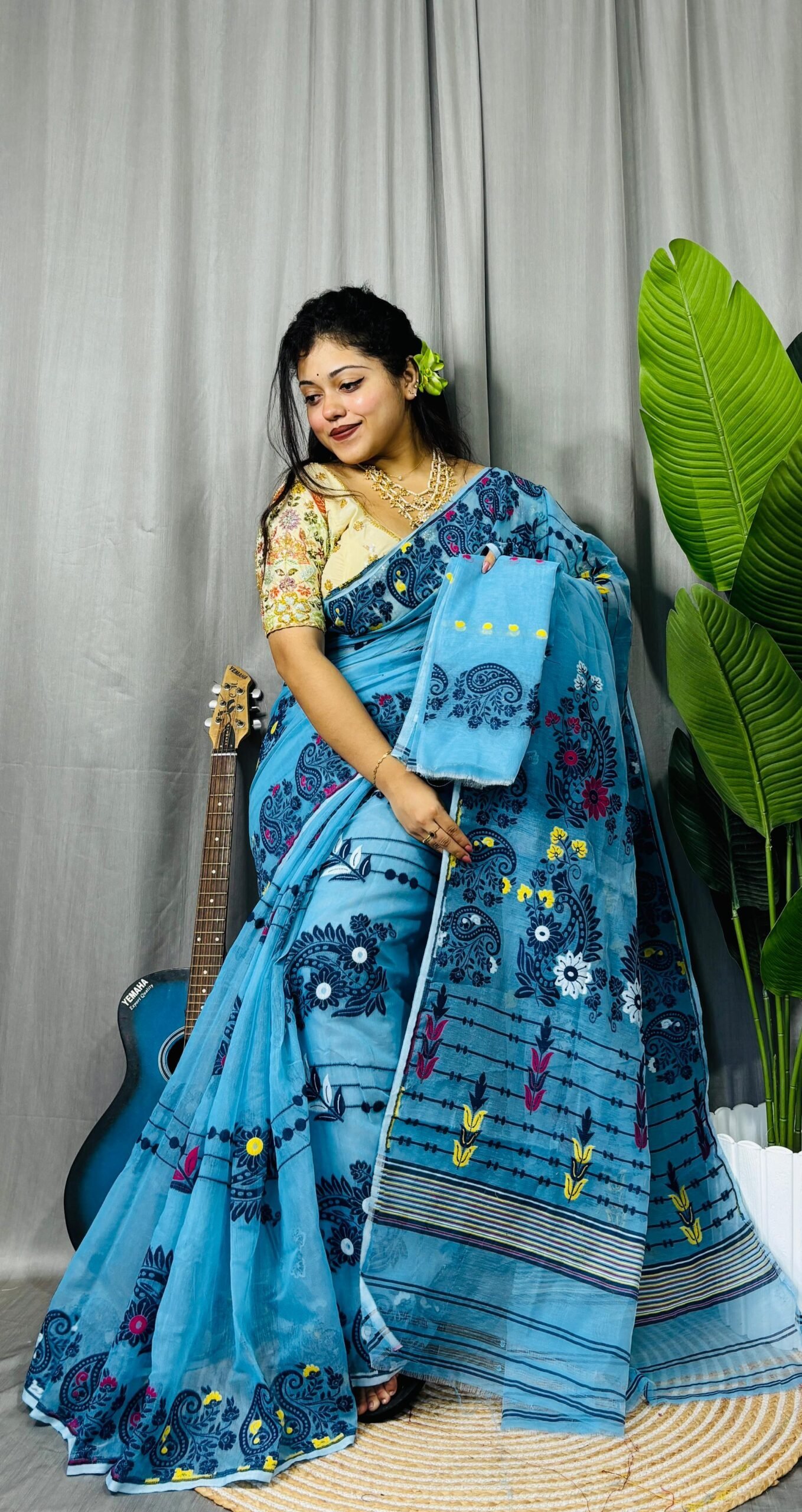 Picton Blue Soft Ful Bahar Jamdani Saree 2 Picton Blue Soft Ful Bahar Jamdani Saree - Image 2
