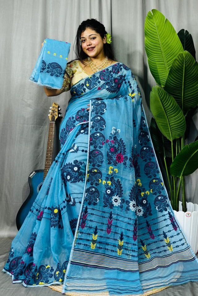 Picton Blue Soft Ful Bahar Jamdani Saree 1 Picton Blue Soft Ful Bahar Jamdani Saree