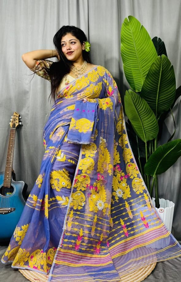 Warm Blue Soft Ful Bahar Jamdani Saree 1 Warm Blue Soft Ful Bahar Jamdani Saree