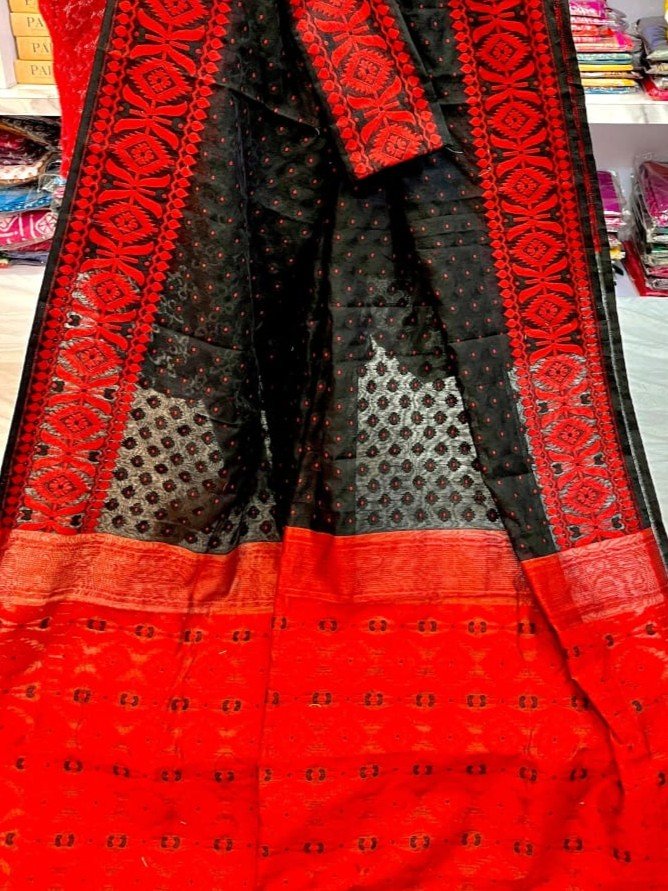 Barfi Soft Dhakai Jamdani Sari with Blouse Piece - Black 2 Barfi Soft Dhakai Jamdani Sari with Blouse Piece - Black