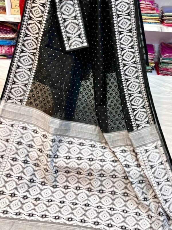 Barfi Soft Dhakai Jamdani Sari with Blouse Piece - Black
