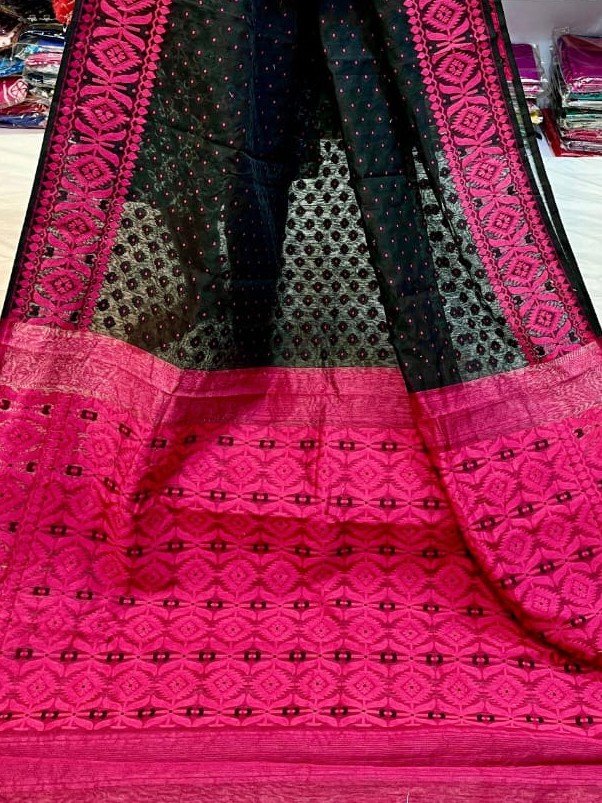 Barfi Soft Dhakai Jamdani Sari with Blouse Piece - Black 2 Barfi Soft Dhakai Jamdani Sari with Blouse Piece - Black