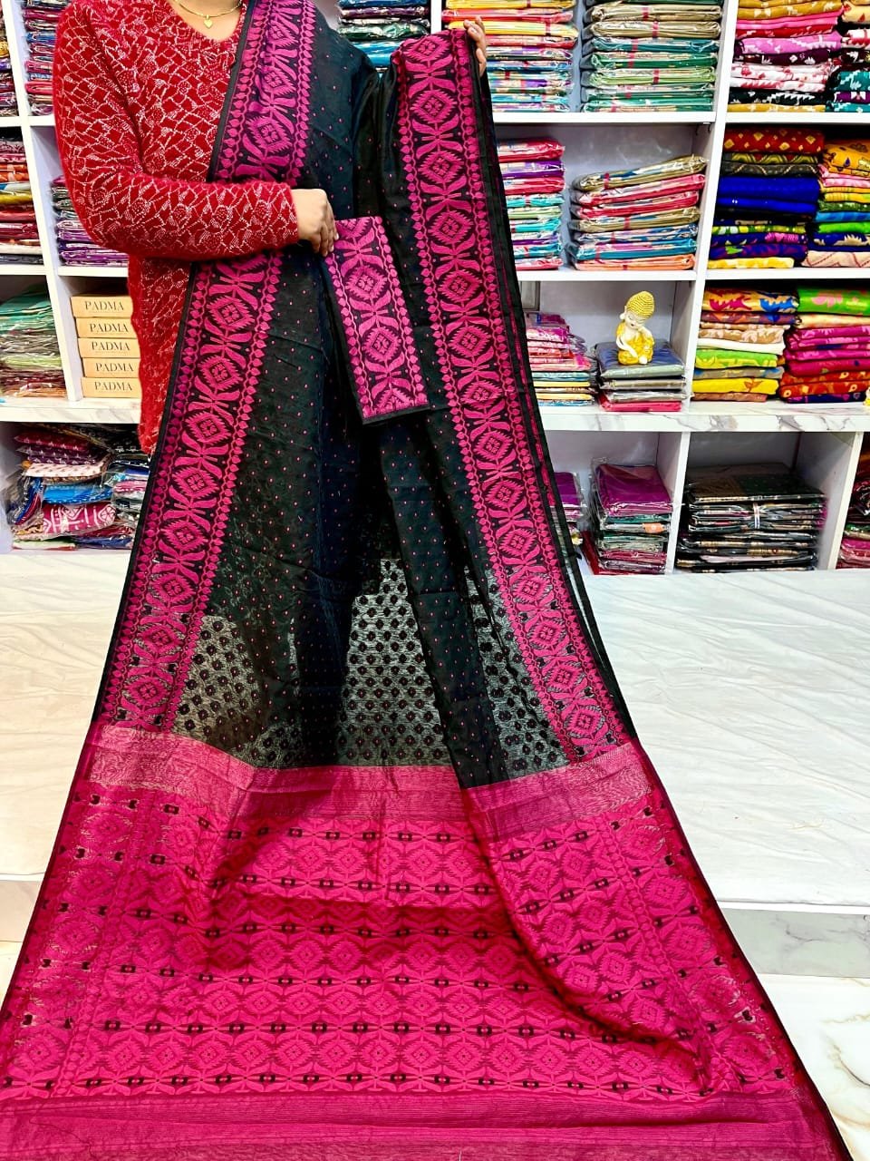 Barfi Soft Dhakai Jamdani Sari with Blouse Piece - Black 1 Barfi Soft Dhakai Jamdani Sari with Blouse Piece - Black