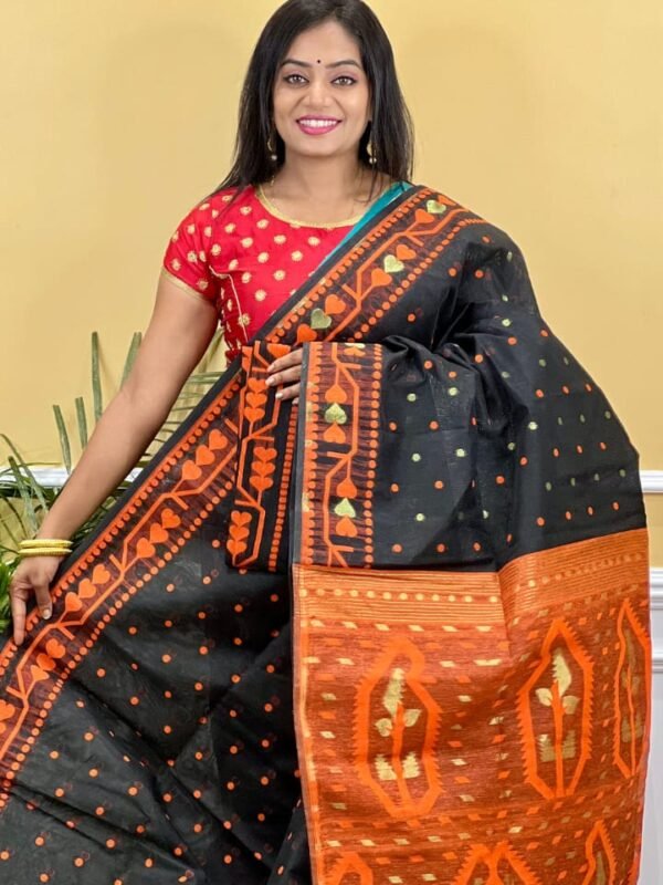 Buti Soft Dhakai Jamdani Saree with Blouse Piece - Black