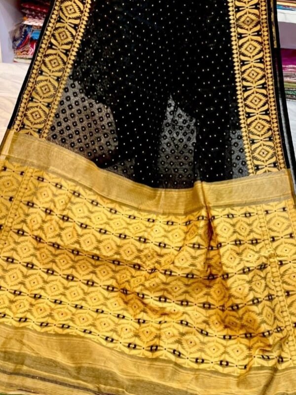 Barfi Soft Dhakai Jamdani Sari with Blouse Piece - Black
