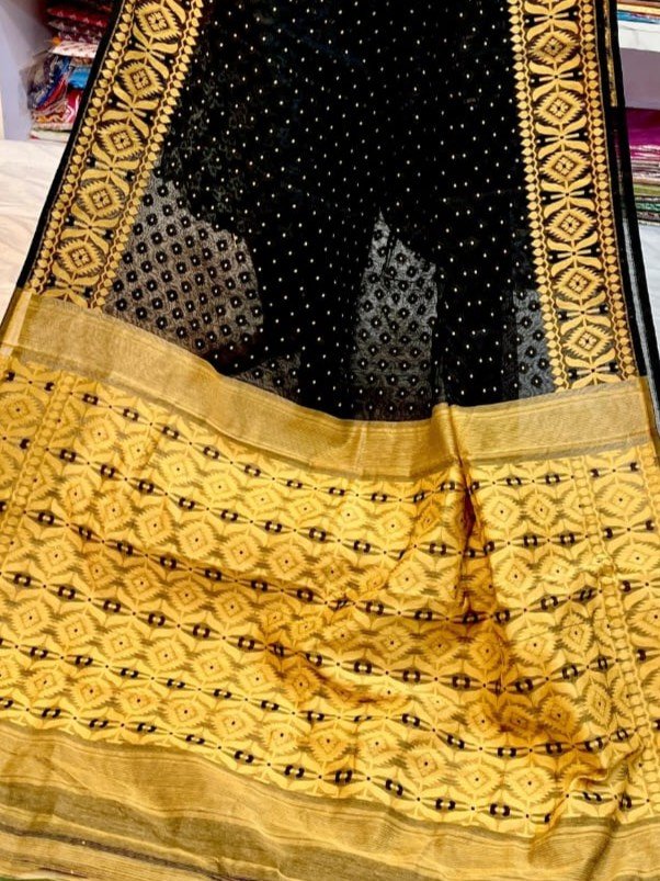 Barfi Soft Dhakai Jamdani Sari with Blouse Piece - Black 2 Barfi Soft Dhakai Jamdani Sari with Blouse Piece - Black