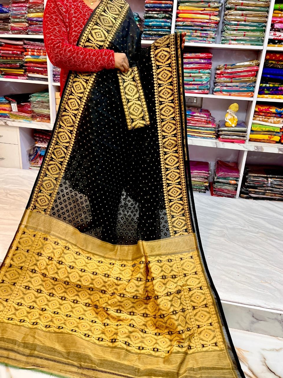 Barfi Soft Dhakai Jamdani Sari with Blouse Piece - Black 1 Barfi Soft Dhakai Jamdani Sari with Blouse Piece - Black