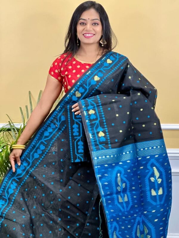Buti Soft Dhakai Jamdani Saree with Blouse Piece - Black