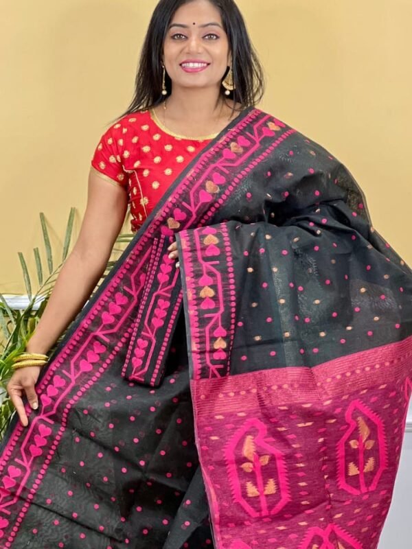 Buti Soft Dhakai Jamdani Saree with Blouse Piece - Black