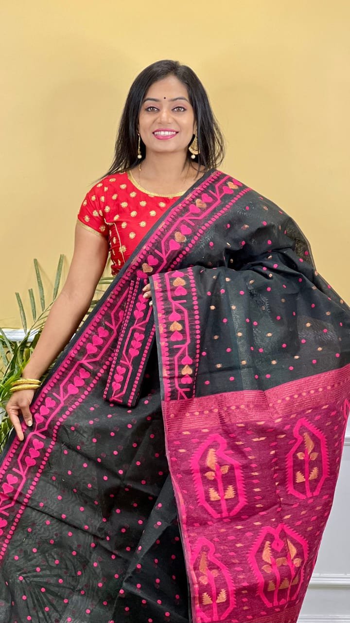 Buti Soft Dhakai Jamdani Saree with Blouse Piece - Black 1 Buti Soft Dhakai Jamdani Saree with Blouse Piece - Black
