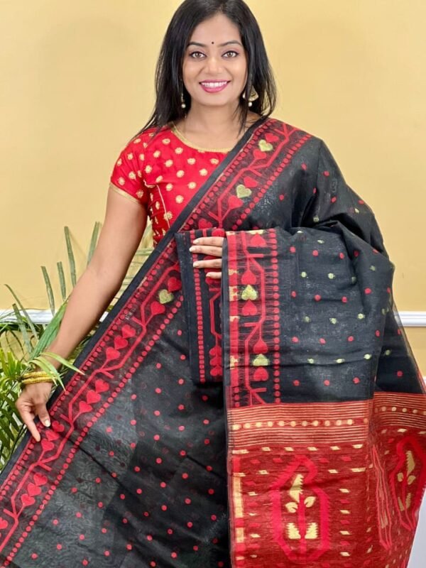 Buti Soft Dhakai Jamdani Saree with Blouse Piece - Black