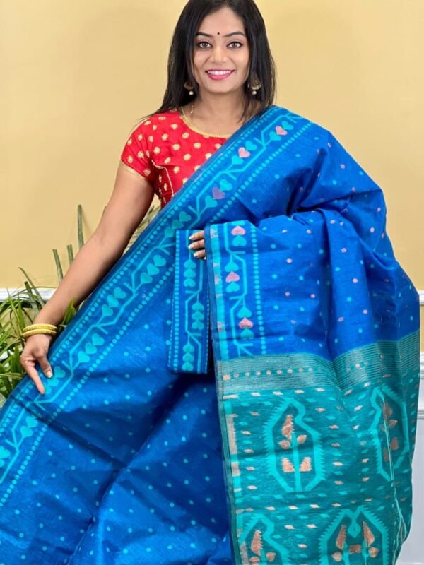 Buti Soft Dhakai Jamdani Saree with Blouse Piece - Blue