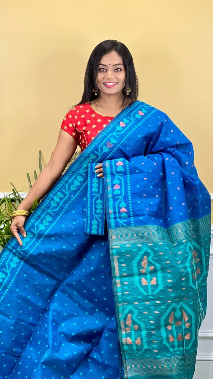 Buti Soft Dhakai Jamdani Saree with Blouse Piece - Blue 1 Buti Soft Dhakai Jamdani Saree with Blouse Piece - Blue
