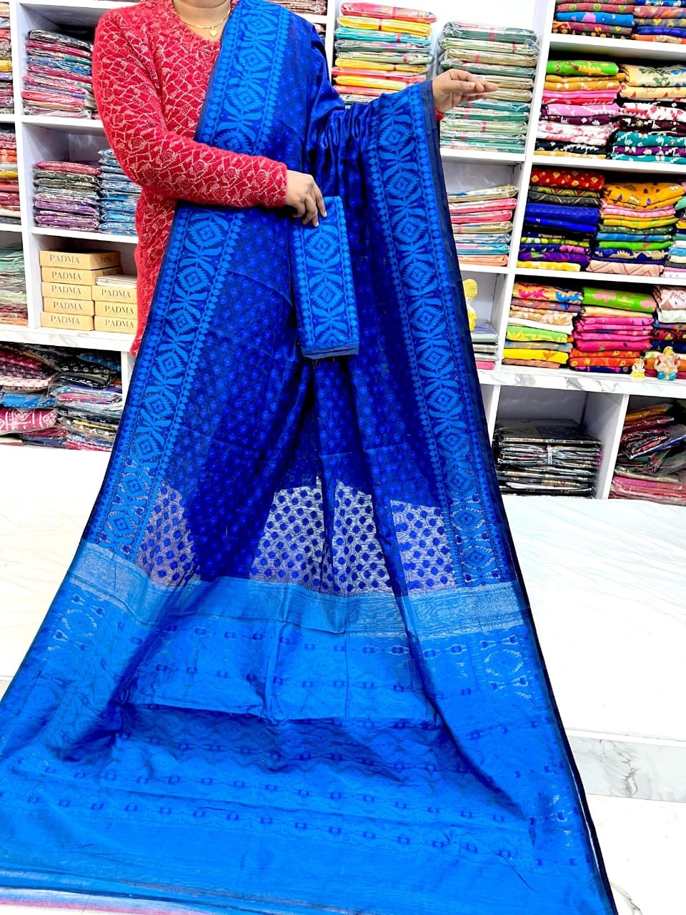 Barfi Soft Dhakai Jamdani Sari with Blouse Piece - Blue 1 Barfi Soft Dhakai Jamdani Sari with Blouse Piece - Blue