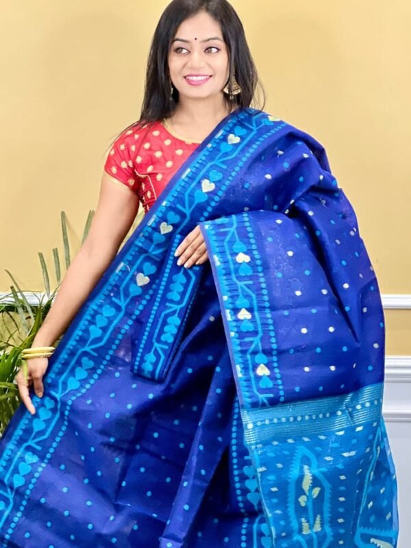 Buti Soft Dhakai Jamdani Saree with Blouse Piece - Blue