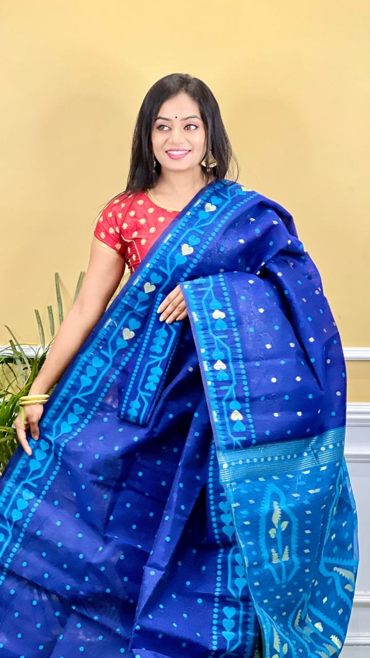 Buti Soft Dhakai Jamdani Saree with Blouse Piece - Blue 1 Buti Soft Dhakai Jamdani Saree with Blouse Piece - Blue