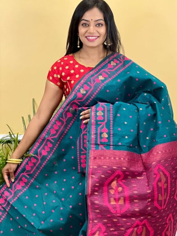 Buti Soft Dhakai Jamdani Saree with Blouse Piece - Dark Aqua