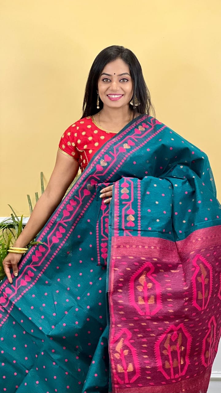 Buti Soft Dhakai Jamdani Saree with Blouse Piece - Dark Aqua 1 Buti Soft Dhakai Jamdani Saree with Blouse Piece - Dark Aqua