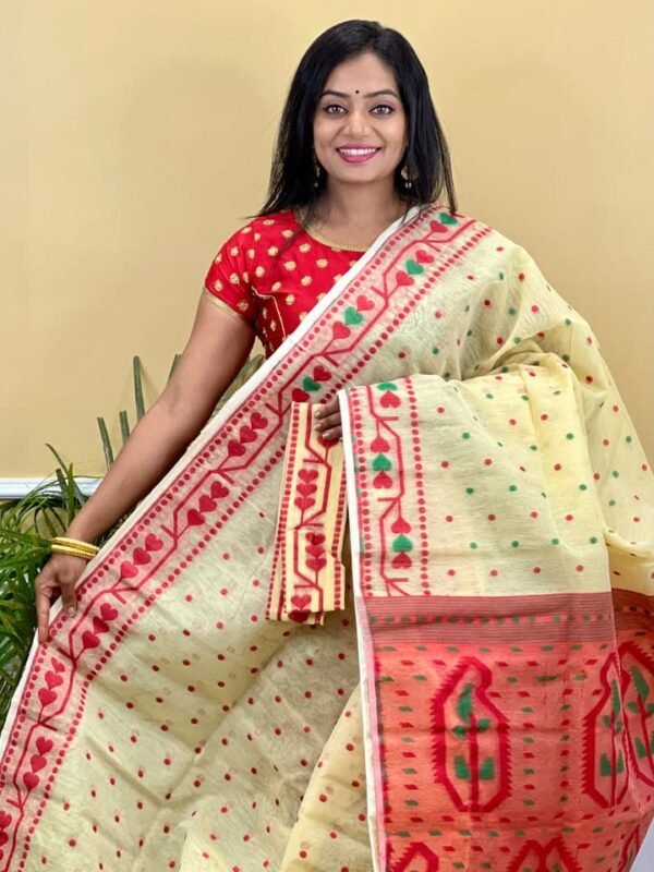 Buti Soft Dhakai Jamdani Saree with Blouse Piece - Deep Cream