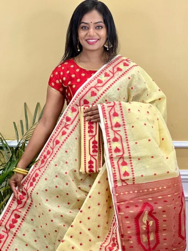 Buti Soft Dhakai Jamdani Saree with Blouse Piece - Deep Cream