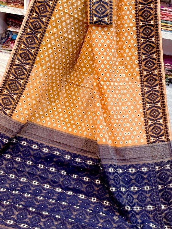 Barfi Soft Dhakai Jamdani Sari with Blouse Piece - Dull Orange