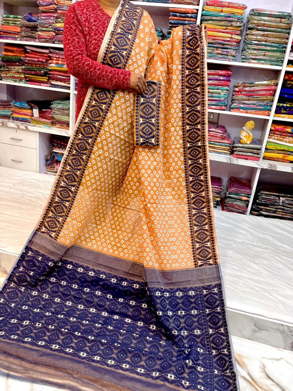 Barfi Soft Dhakai Jamdani Sari with Blouse Piece - Dull Orange 1 Barfi Soft Dhakai Jamdani Sari with Blouse Piece - Dull Orange