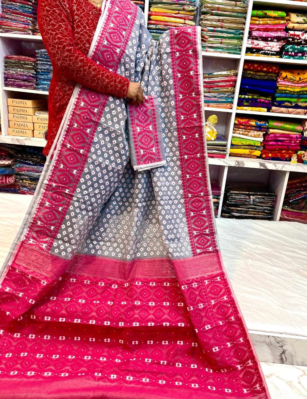 Barfi Soft Dhakai Jamdani Sari with Blouse Piece - Grey 1 Barfi Soft Dhakai Jamdani Sari with Blouse Piece - Grey