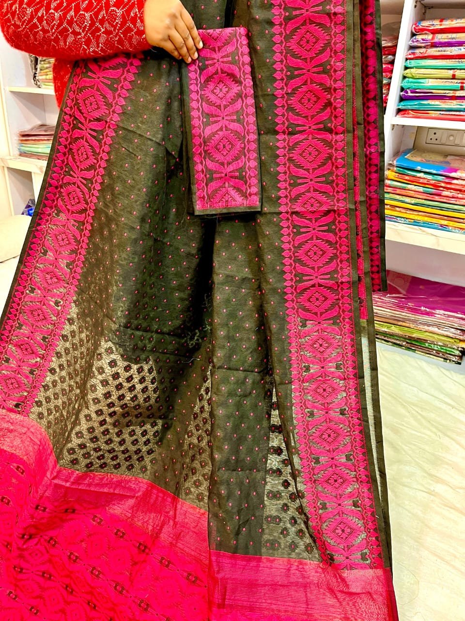 Barfi Soft Dhakai Jamdani Sari with Blouse Piece - Hemlock 1 Barfi Soft Dhakai Jamdani Sari with Blouse Piece - Hemlock