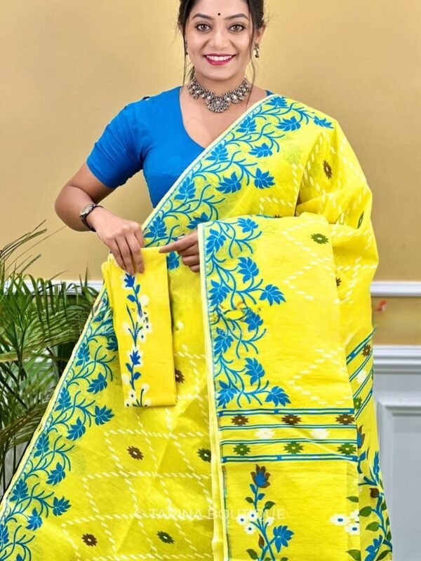 Nayan Tara Soft Dhakai Jamdani Sari with Blouse Piece - Lemon Yellow