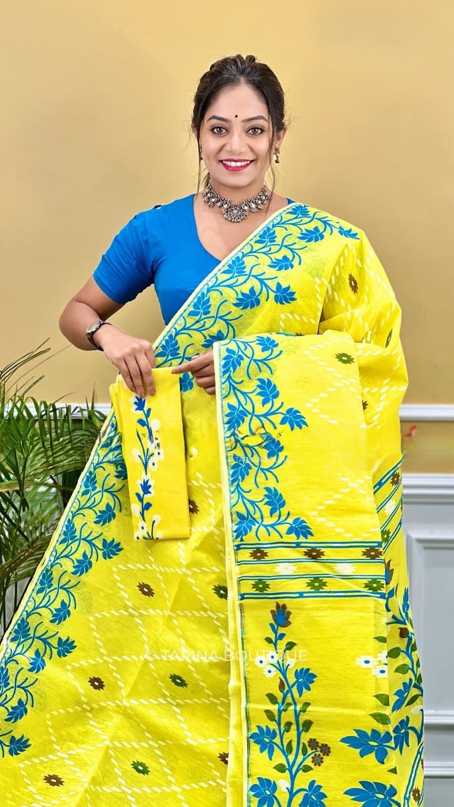 Nayan Tara Soft Dhakai Jamdani Sari with Blouse Piece - Lemon Yellow 1 Nayan Tara Soft Dhakai Jamdani Sari with Blouse Piece - Lemon Yellow