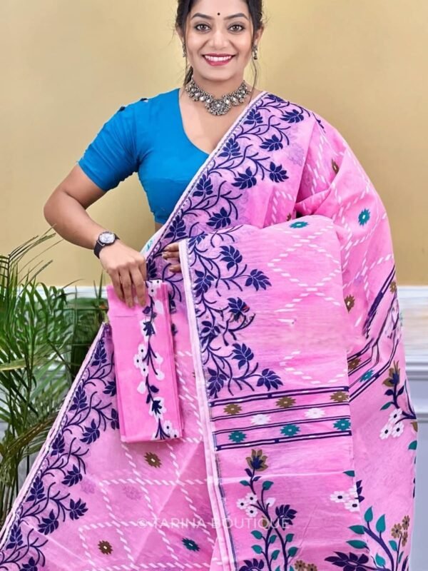 Nayan Tara Soft Dhakai Jamdani Sari with Blouse Piece - Persian Pink