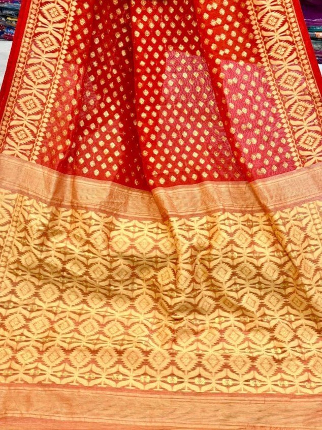 Barfi Soft Dhakai Jamdani Sari with Blouse Piece - Red 2 Barfi Soft Dhakai Jamdani Sari with Blouse Piece - Red