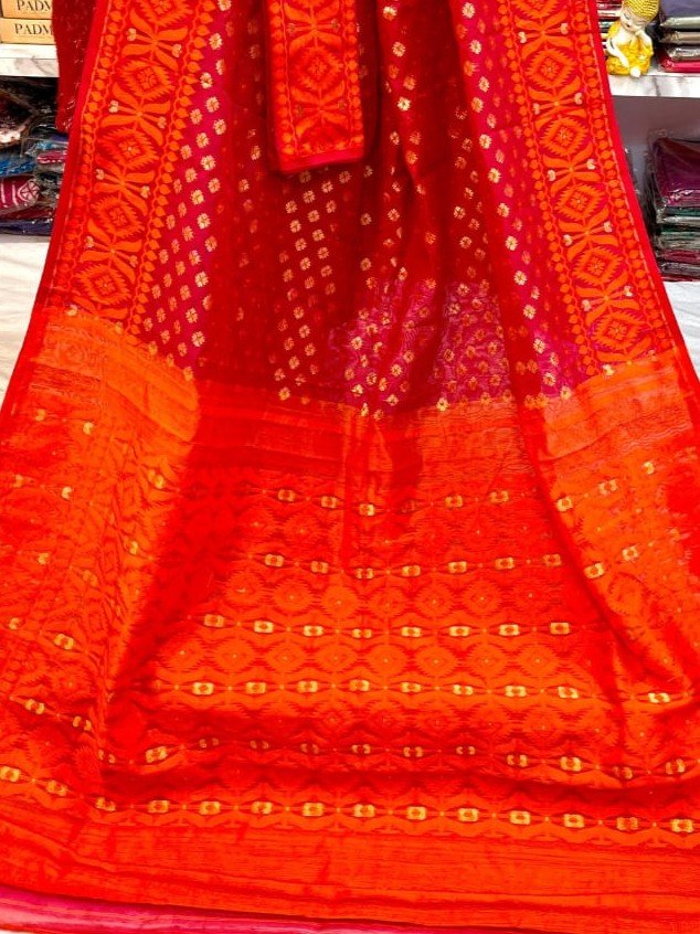 Barfi Soft Dhakai Jamdani Sari with Blouse Piece - Red 2 Barfi Soft Dhakai Jamdani Sari with Blouse Piece - Red