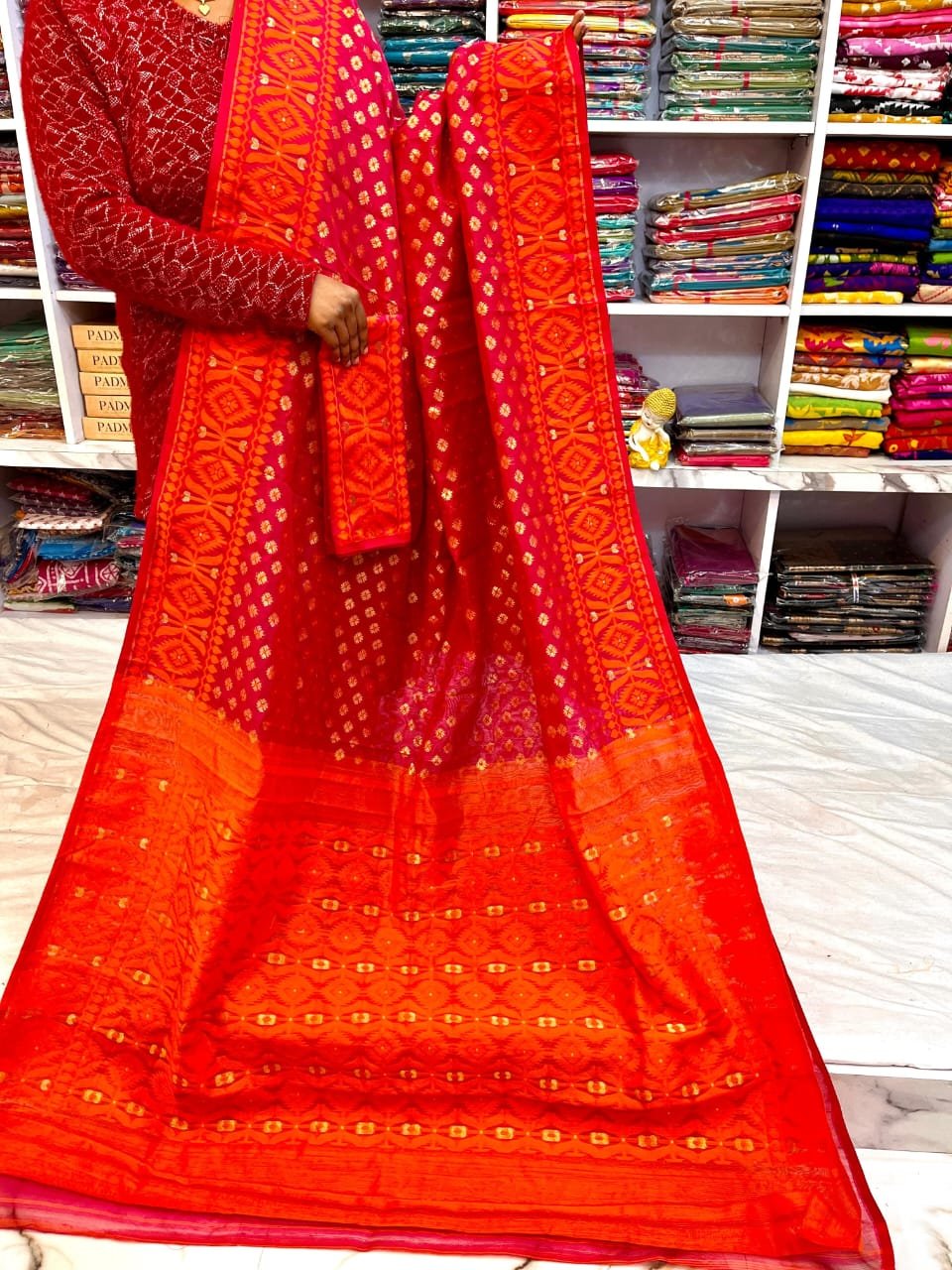 Barfi Soft Dhakai Jamdani Sari with Blouse Piece - Red 1 Barfi Soft Dhakai Jamdani Sari with Blouse Piece - Red