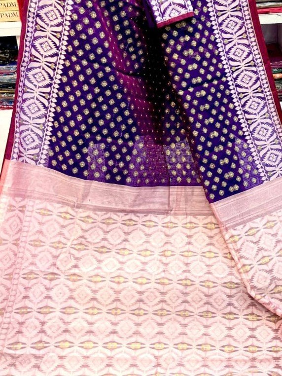 Barfi Soft Dhakai Jamdani Sari with Blouse Piece - Rich Purple