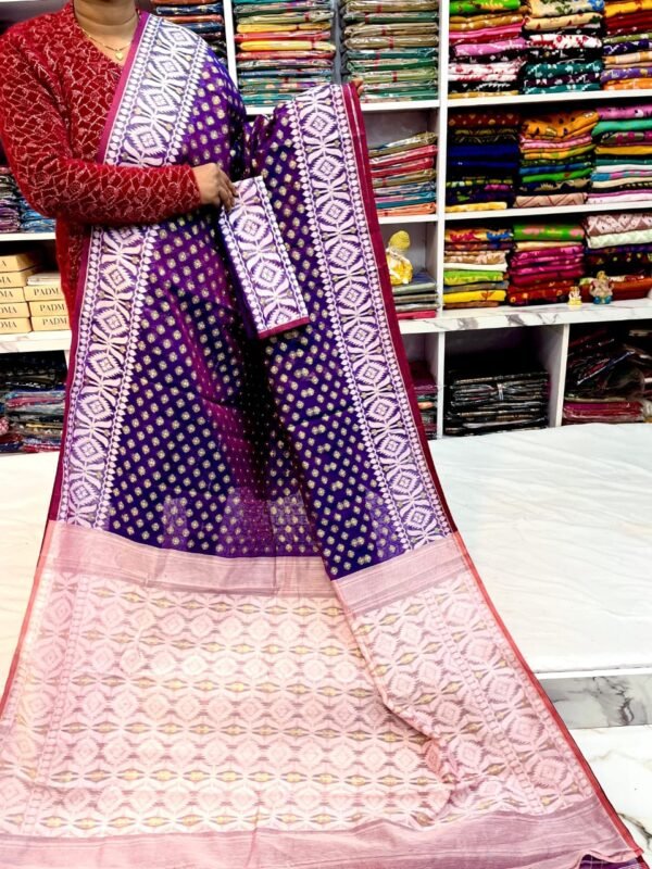 Barfi Soft Dhakai Jamdani Sari with Blouse Piece - Rich Purple