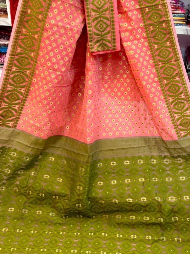 Barfi Soft Dhakai Jamdani Sari with Blouse Piece - Salmon 2 Barfi Soft Dhakai Jamdani Sari with Blouse Piece - Salmon
