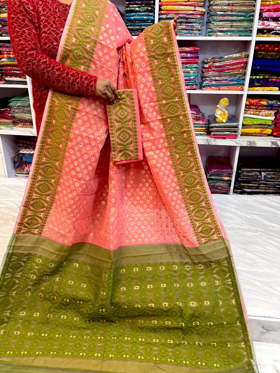 Barfi Soft Dhakai Jamdani Sari with Blouse Piece - Salmon 1 Barfi Soft Dhakai Jamdani Sari with Blouse Piece - Salmon
