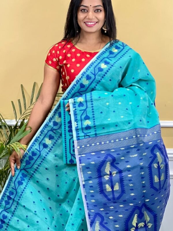 Buti Soft Dhakai Jamdani Saree with Blouse Piece - Teal Blue