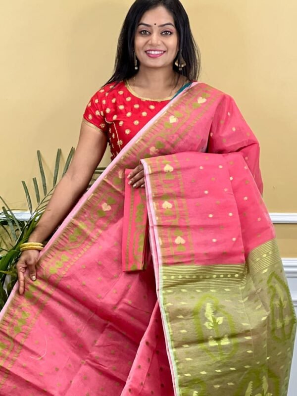 Buti Soft Dhakai Jamdani Saree with Blouse Piece - Warm Pink